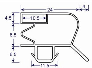 Drawing of Fridge Seal Profile, 24mm wide by 19.5mm tall with a 11.5mm arrowhead